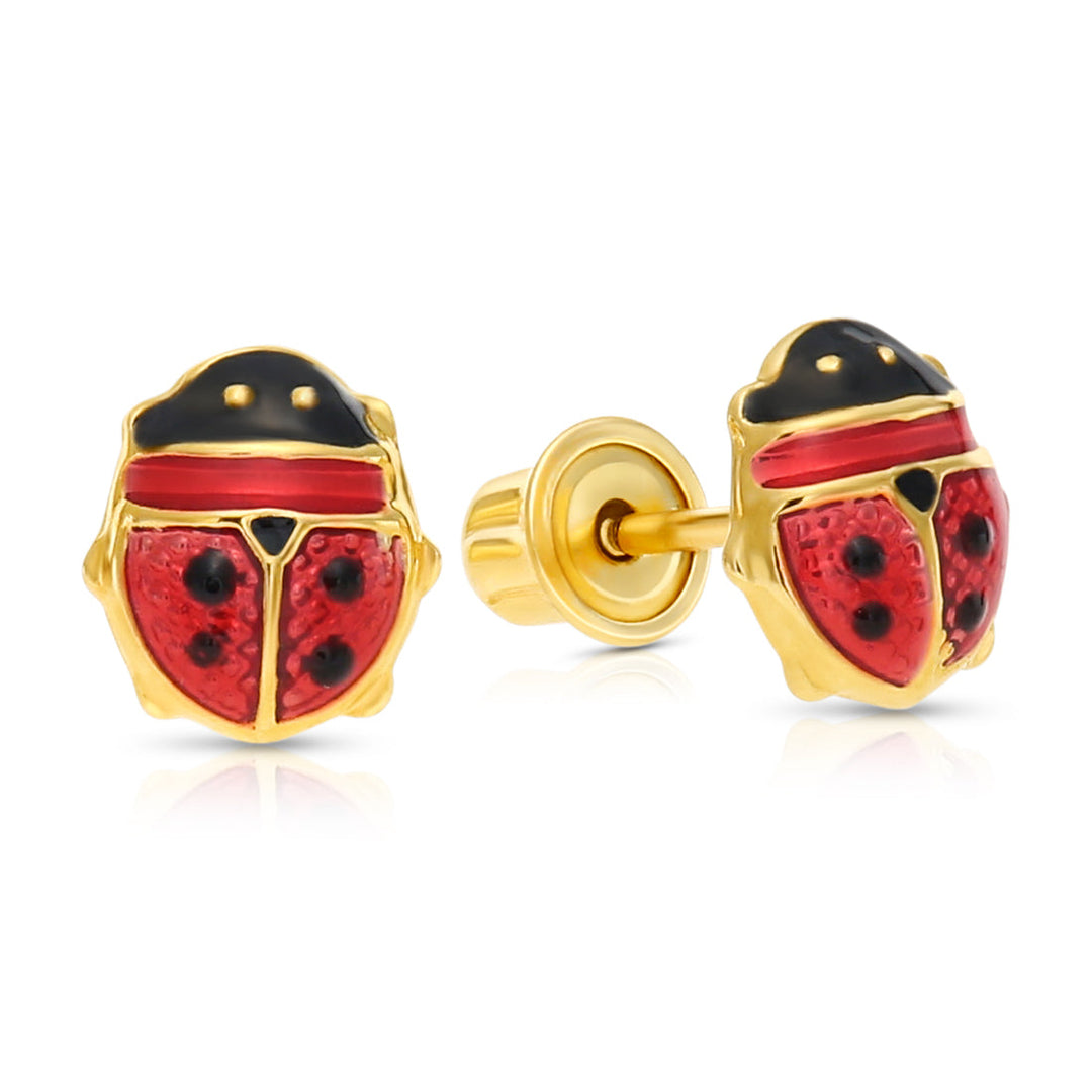 14K Yellow Gold Red Ladybug Enamel Stud Earrings - Screwbacks
