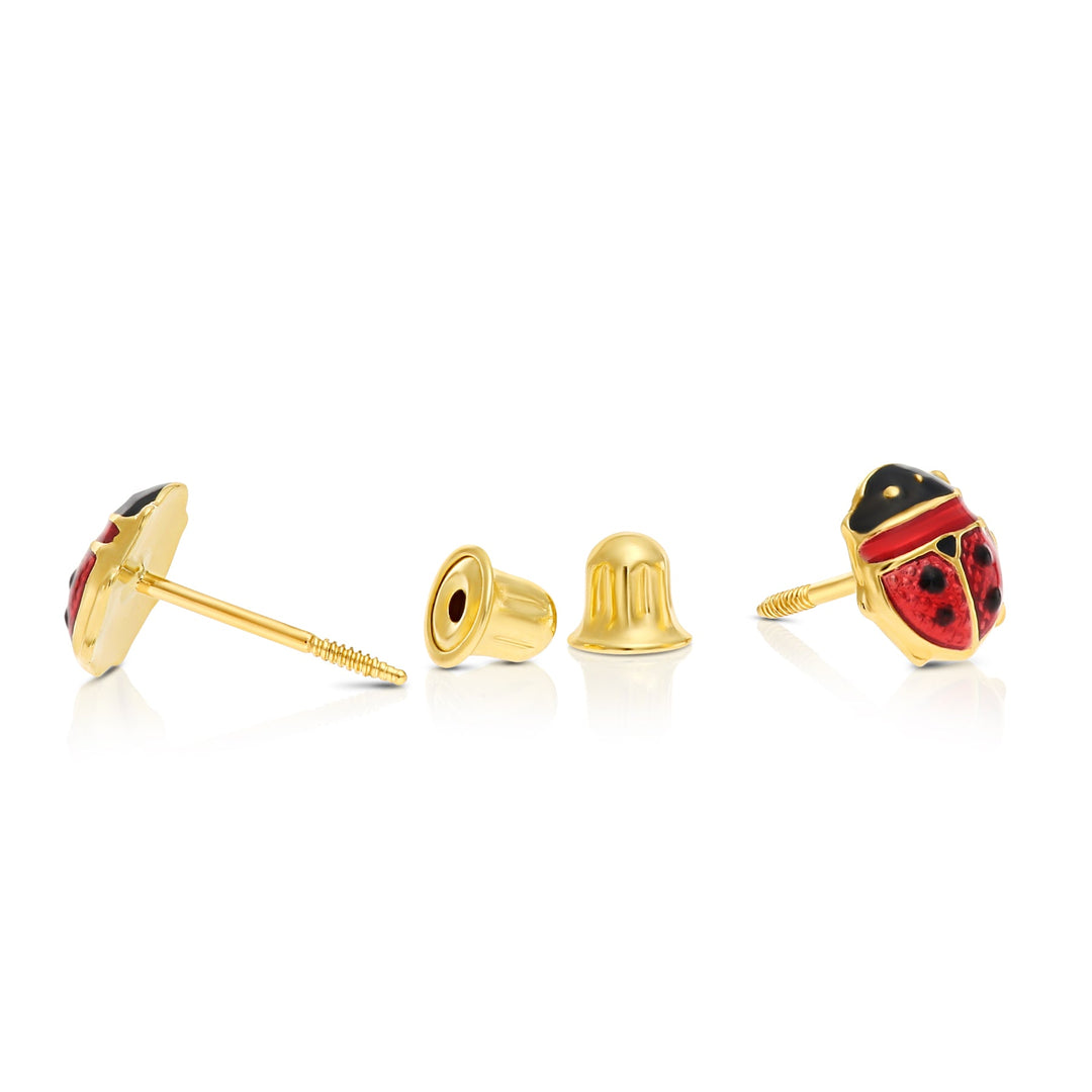 14K Yellow Gold Red Ladybug Enamel Stud Earrings - Screwbacks
