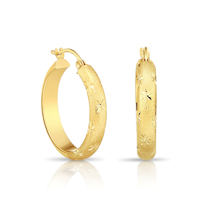 14K Gold Half Round Satin with Flower Diamond Cut Design Hoop Earrings, Flat Bar