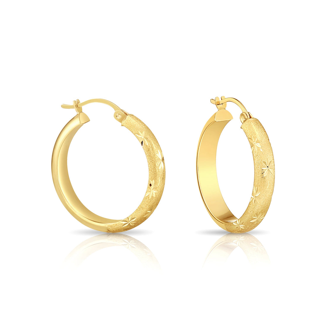 14K Gold Half Round Satin with Flower Diamond Cut Design Hoop Earrings, Flat Bar