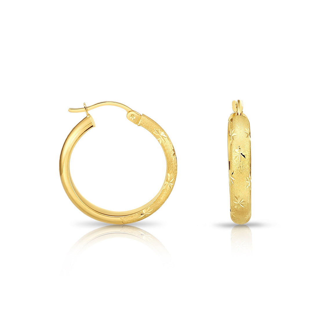14K Gold Half Round Satin with Flower Diamond Cut Design Hoop Earrings, Flat Bar