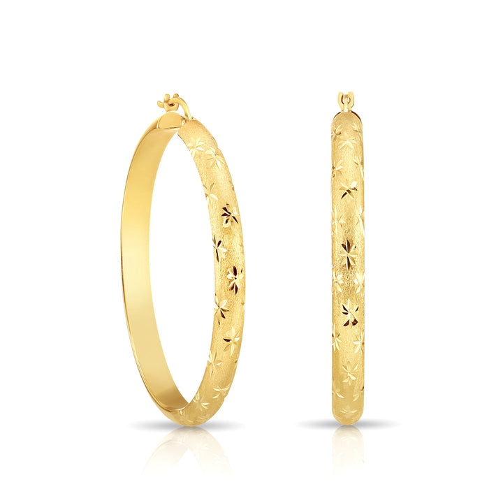14K Gold Half Round Satin with Flower Diamond Cut Design Hoop Earrings, Flat Bar