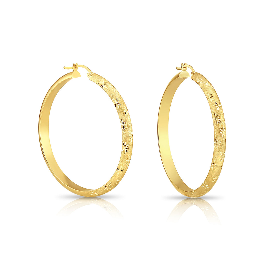 14K Gold Half Round Satin with Flower Diamond Cut Design Hoop Earrings, Flat Bar