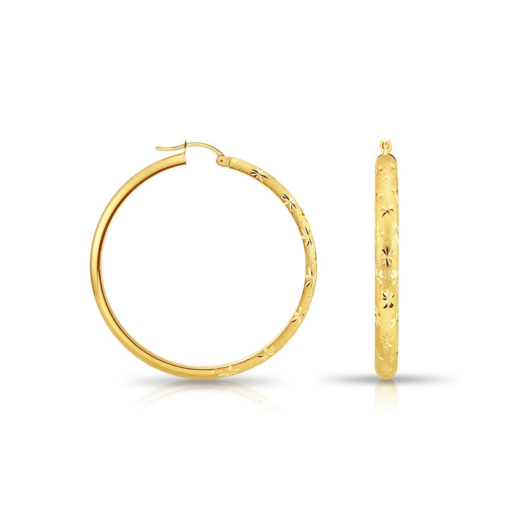 14K Gold Half Round Satin with Flower Diamond Cut Design Hoop Earrings, Flat Bar
