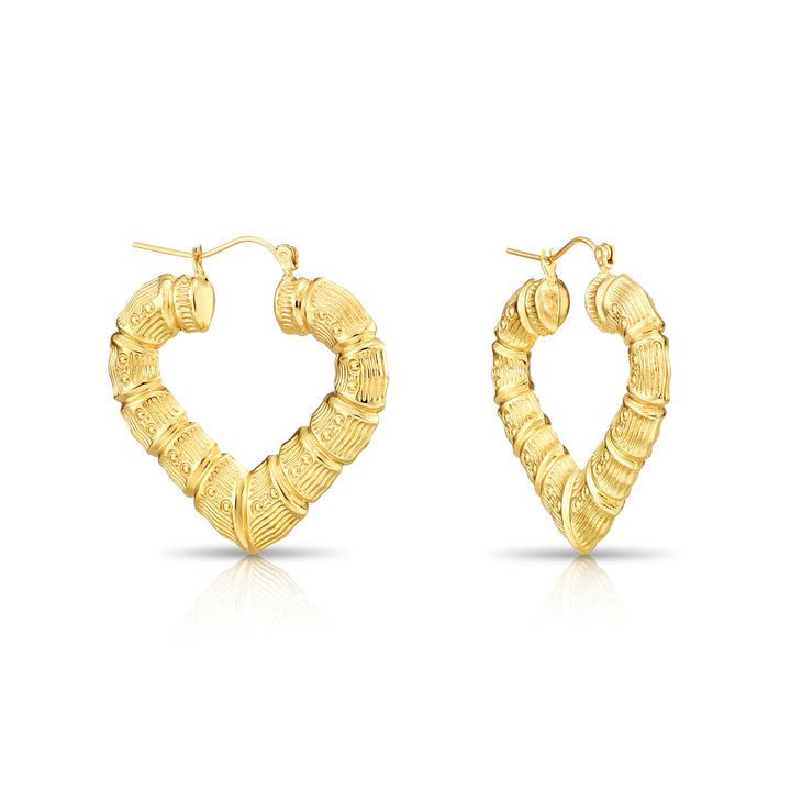 14K Gold Heart Shaped Bamboo Hoop Earrings