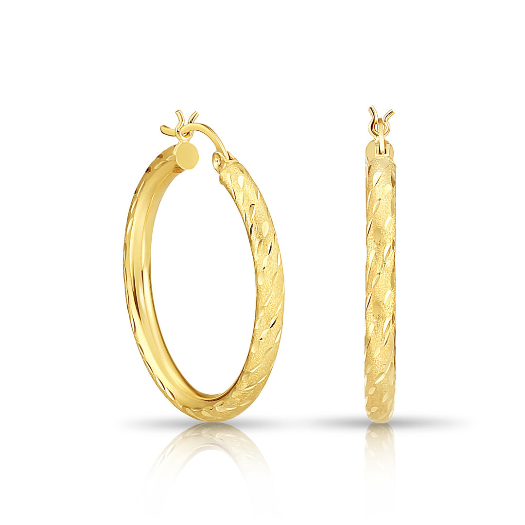 14K Yellow Gold Half Round Hoop Earrings with Spiral and Satin Diamond Cut, Flat Bar