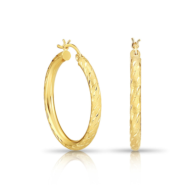 14K Yellow Gold Half Round Hoop Earrings with Spiral and Satin Diamond Cut, Flat Bar