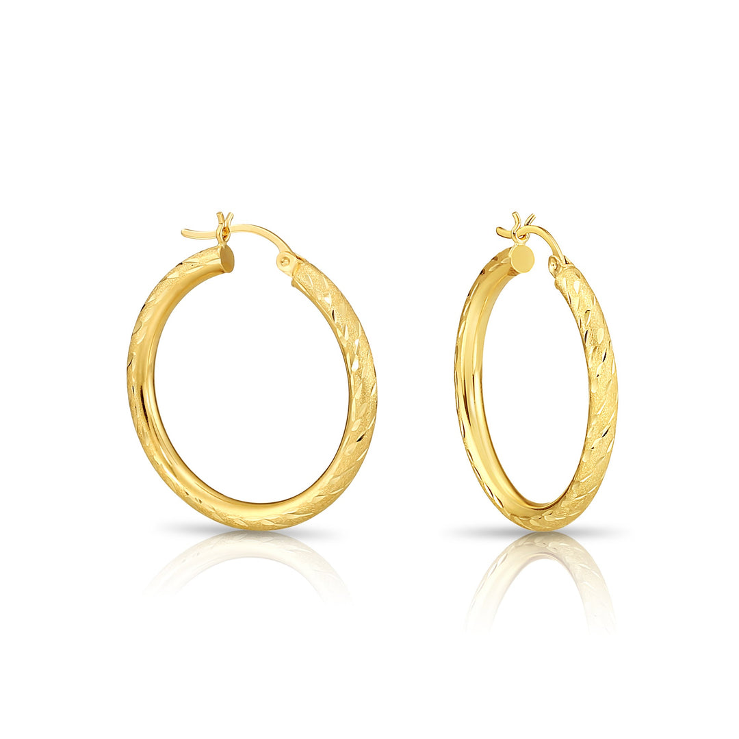 14K Yellow Gold Half Round Hoop Earrings with Spiral and Satin Diamond Cut, Flat Bar