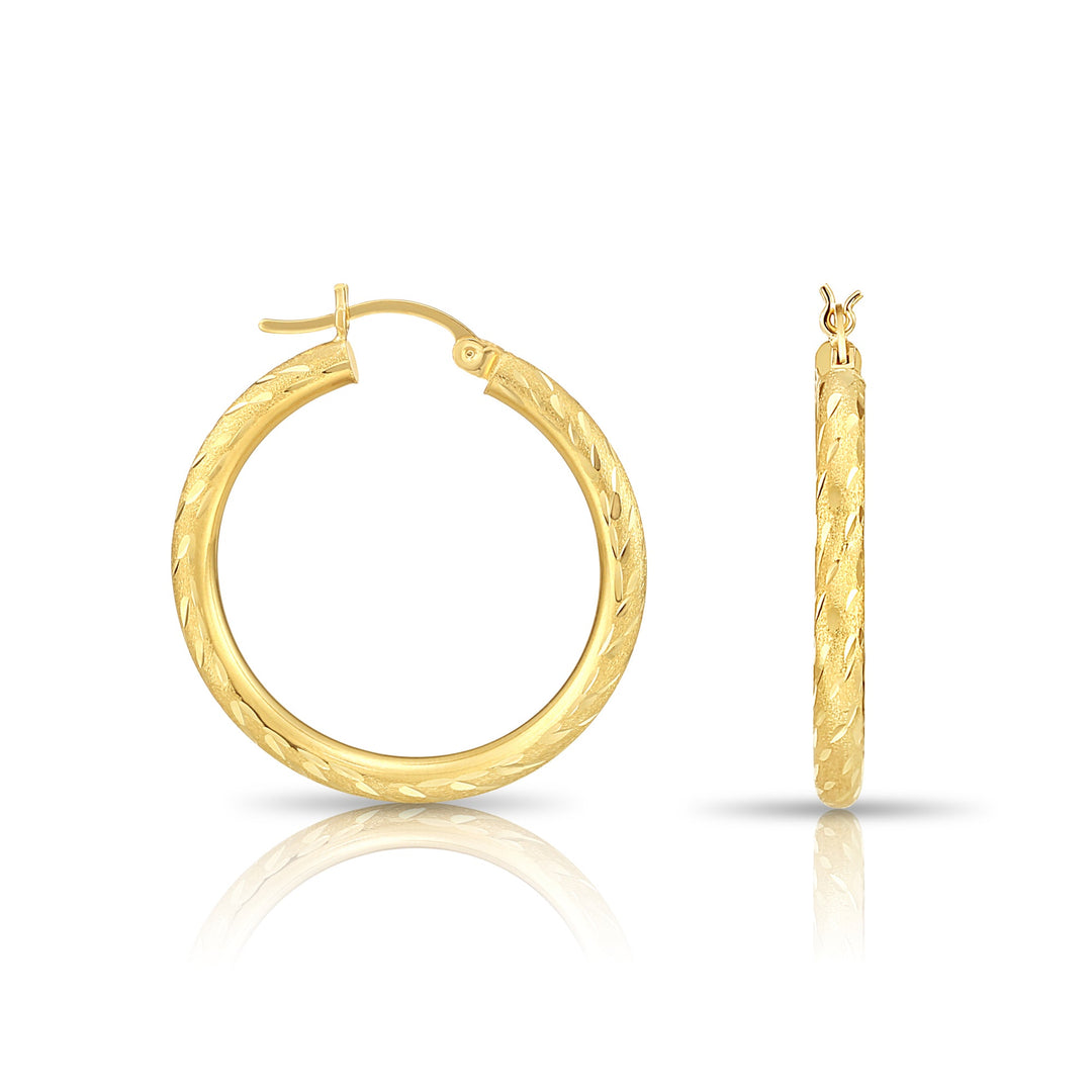 14K Yellow Gold Half Round Hoop Earrings with Spiral and Satin Diamond Cut, Flat Bar