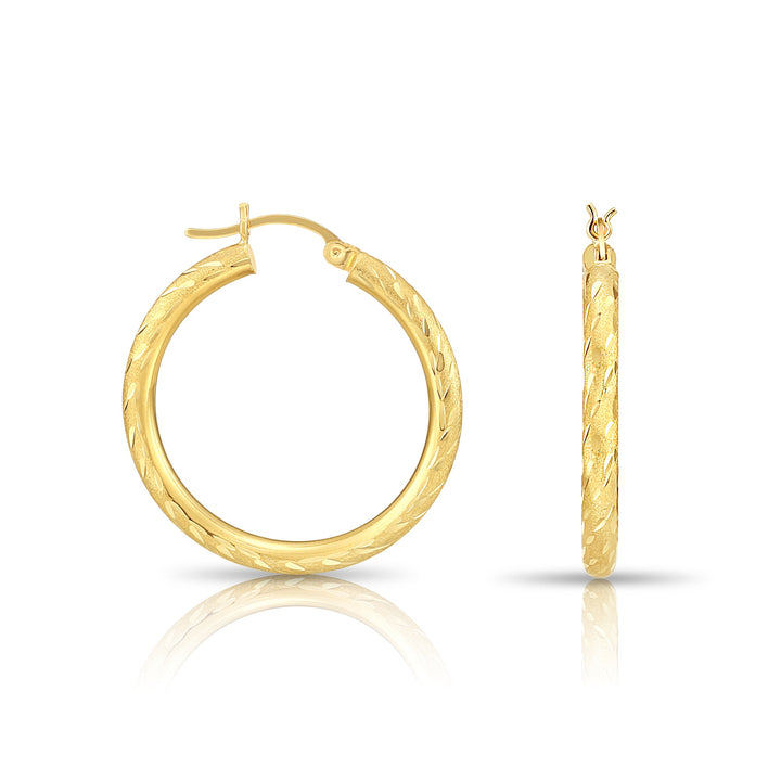 14K Yellow Gold Half Round Hoop Earrings with Spiral and Satin Diamond Cut, Flat Bar