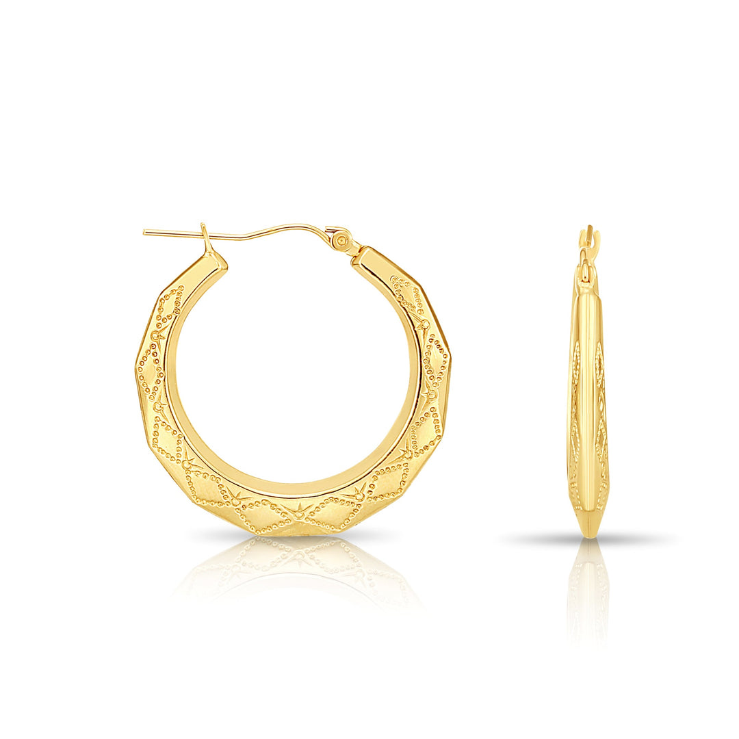 14K Gold Hexagon Hoop Earrings with Design