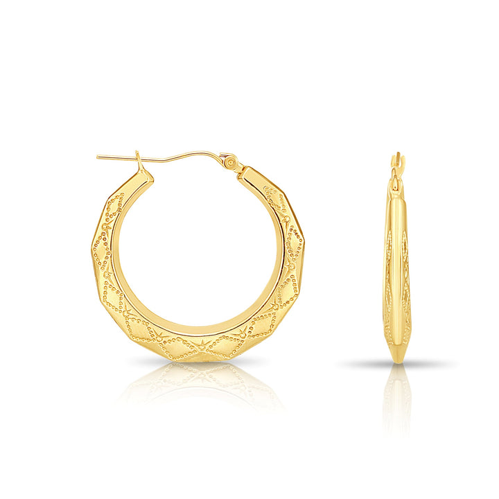 14K Gold Hexagon Hoop Earrings with Design