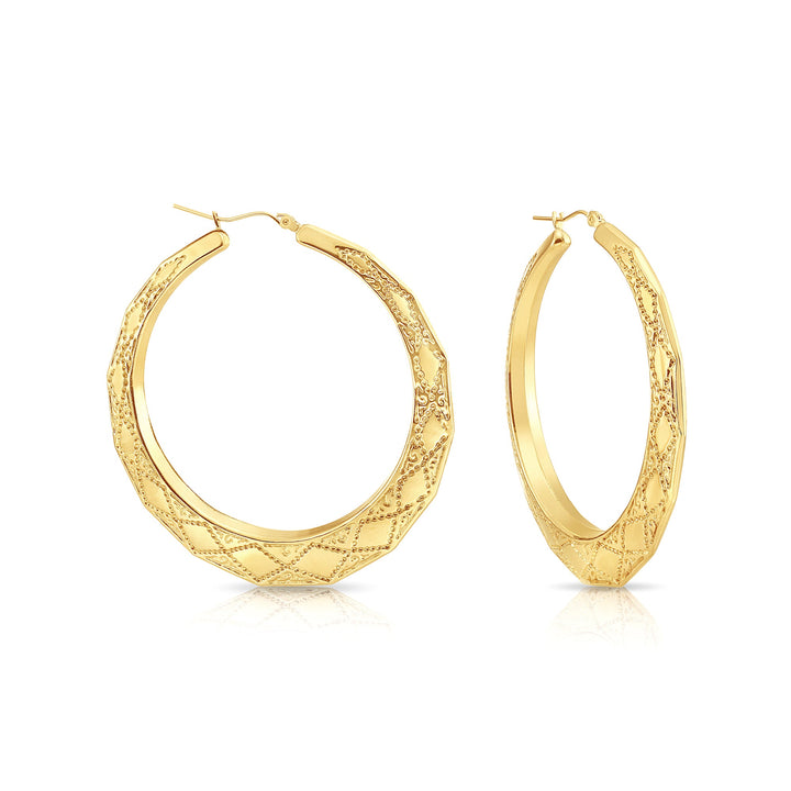 14K Gold Hexagon Hoop Earrings with Design