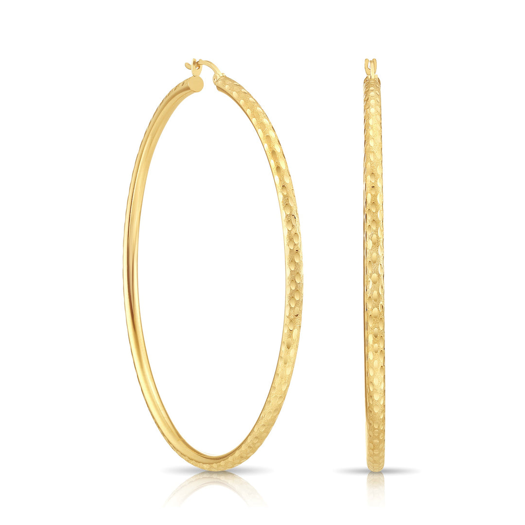 14K Yellow Gold Hand Engraving and Satin Finish Hoop Earrings, Flat bar
