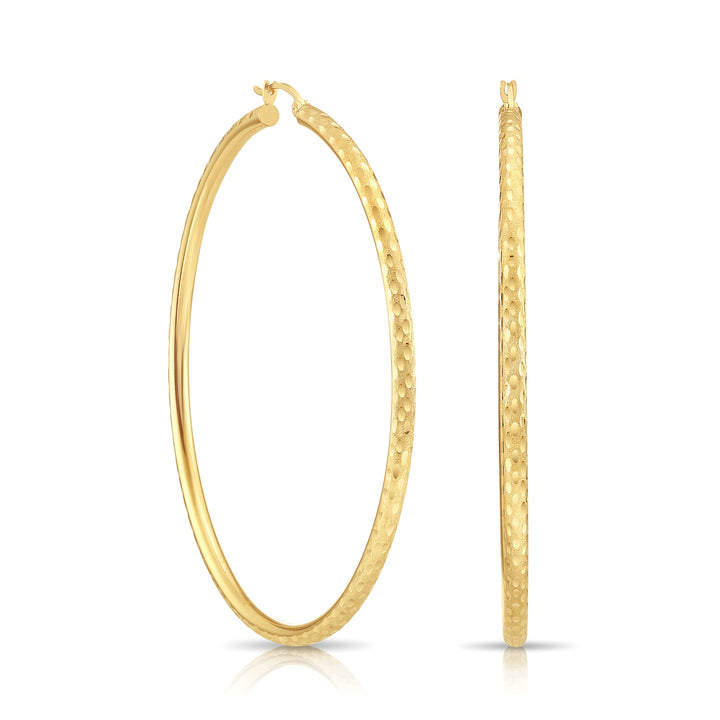 14K Yellow Gold Hand Engraving and Satin Finish Hoop Earrings, Flat bar