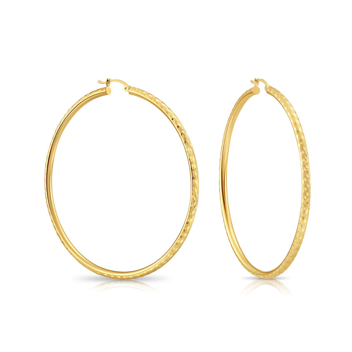 14K Yellow Gold Hand Engraving and Satin Finish Hoop Earrings, Flat bar