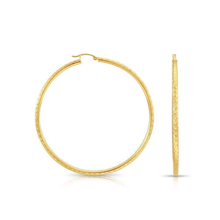 14K Yellow Gold Hand Engraving and Satin Finish Hoop Earrings, Flat bar