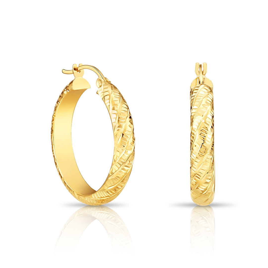 14K Gold Tornado Style Diamond Cut Hoop Earring, Flat Bar