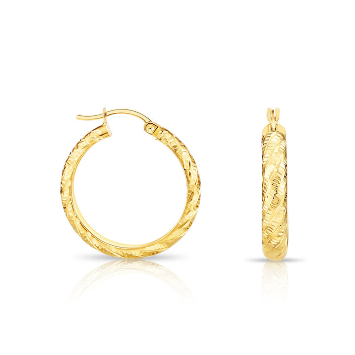 14K Gold Tornado Style Diamond Cut Hoop Earring, Flat Bar