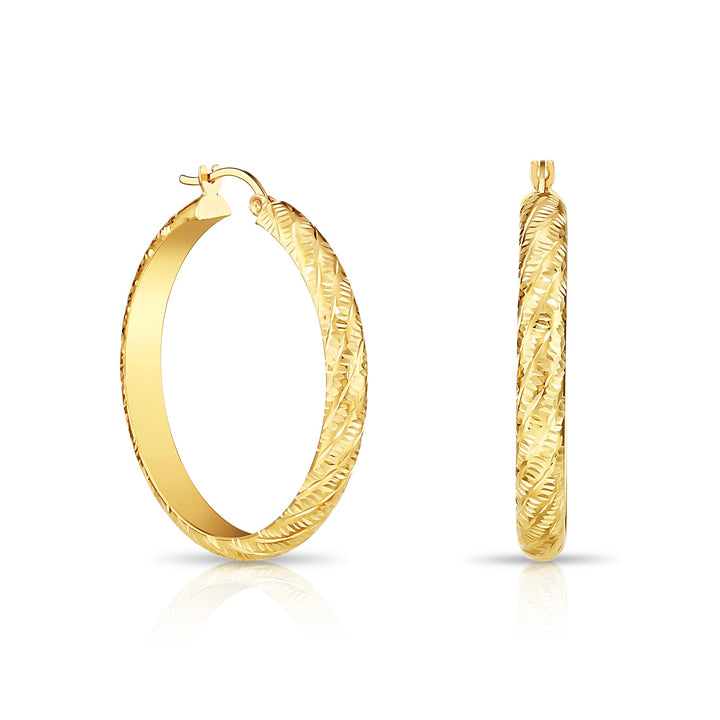 14K Gold Tornado Style Diamond Cut Hoop Earring, Flat Bar