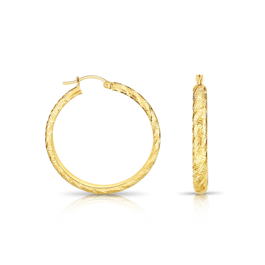 14K Gold Tornado Style Diamond Cut Hoop Earring, Flat Bar
