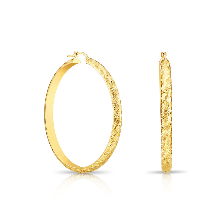 14K Gold Tornado Style Diamond Cut Hoop Earring, Flat Bar