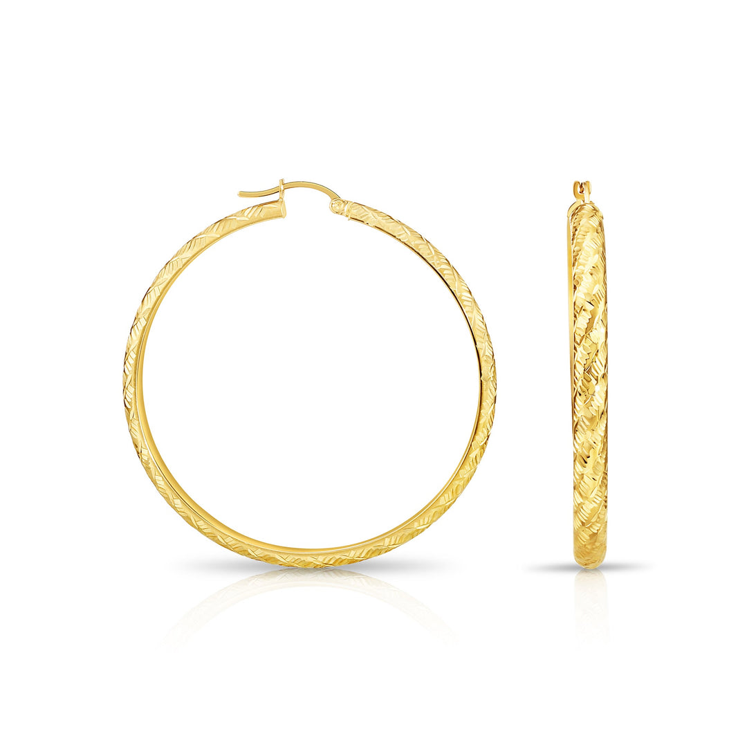 14K Gold Tornado Style Diamond Cut Hoop Earring, Flat Bar