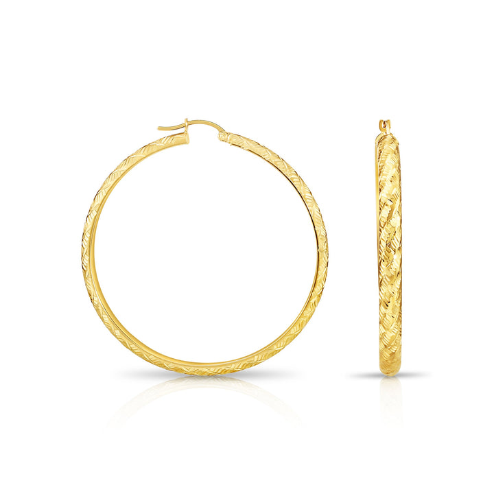 14K Gold Tornado Style Diamond Cut Hoop Earring, Flat Bar