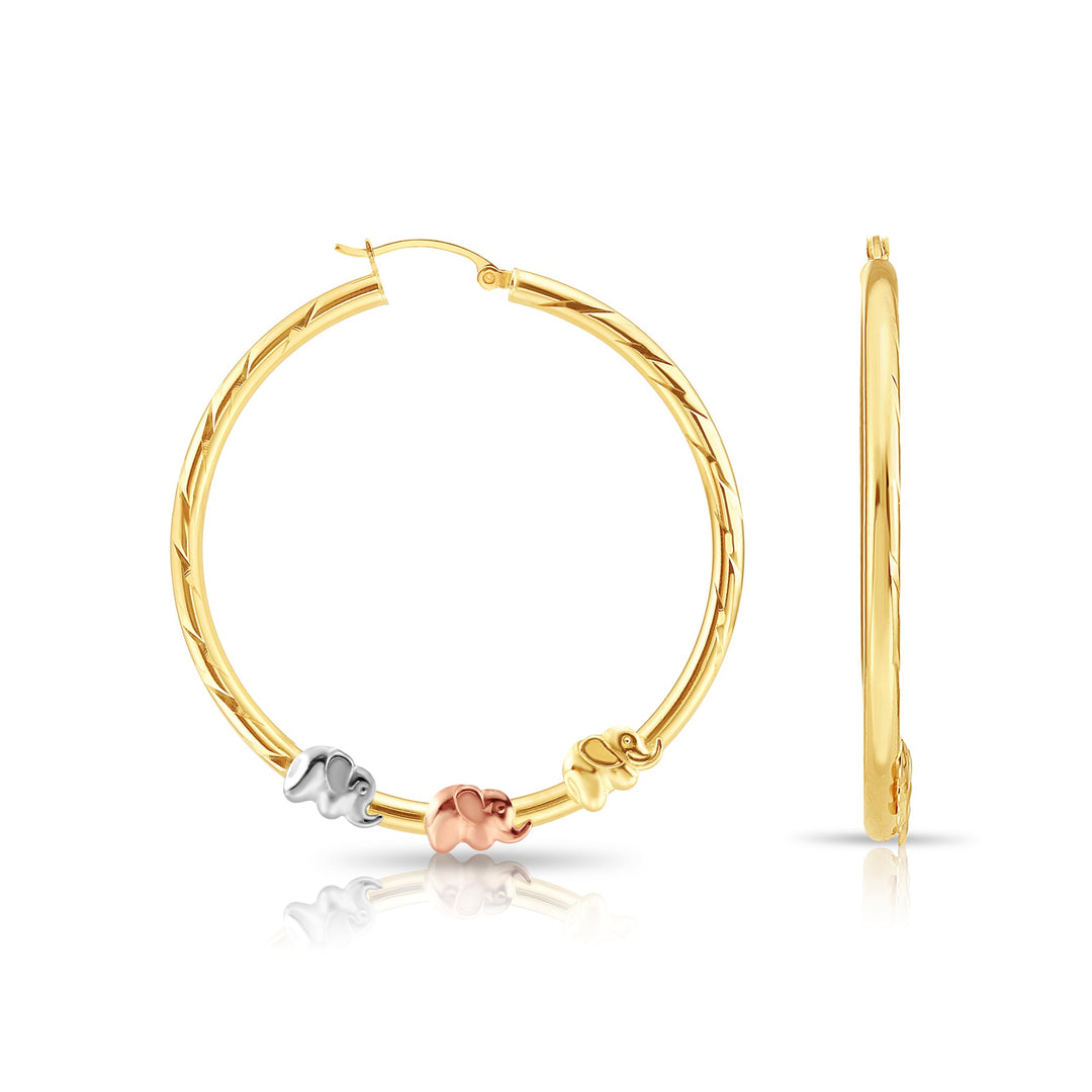 14K Gold Tri-Color Elephant Style Hoop, Flat Bar
