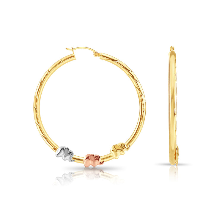 14K Gold Tri-Color Elephant Style Hoop, Flat Bar