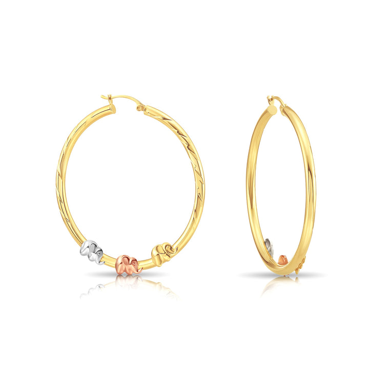 14K Gold Tri-Color Elephant Style Hoop, Flat Bar