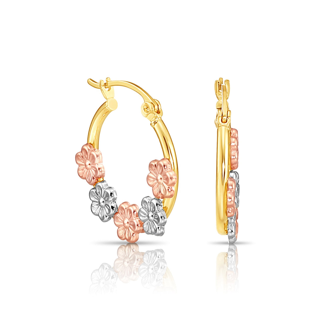 14K Gold Tri-Color Flower Style Hoop, Flat Bar
