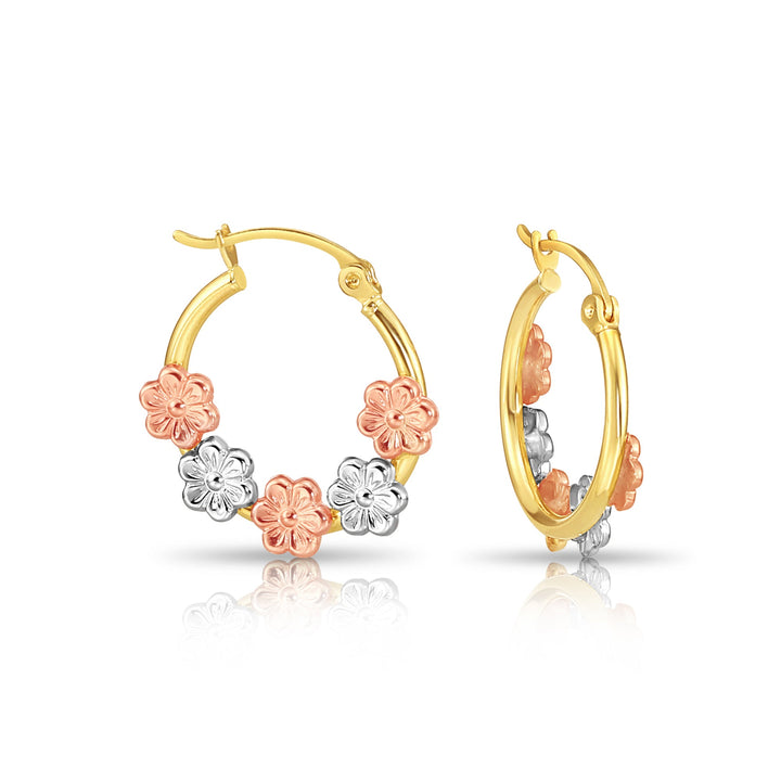 14K Gold Tri-Color Flower Style Hoop, Flat Bar