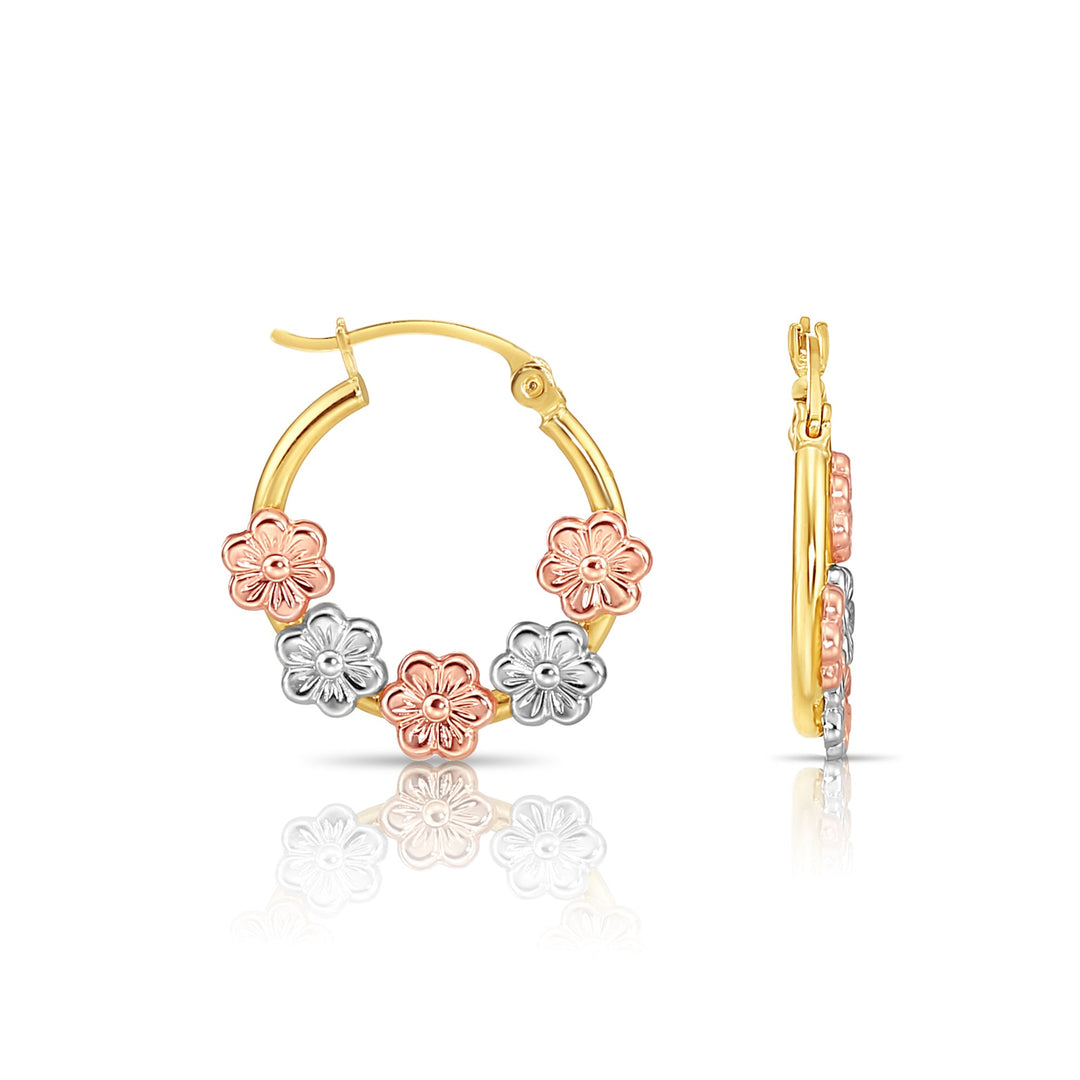 14K Gold Tri-Color Flower Style Hoop, Flat Bar
