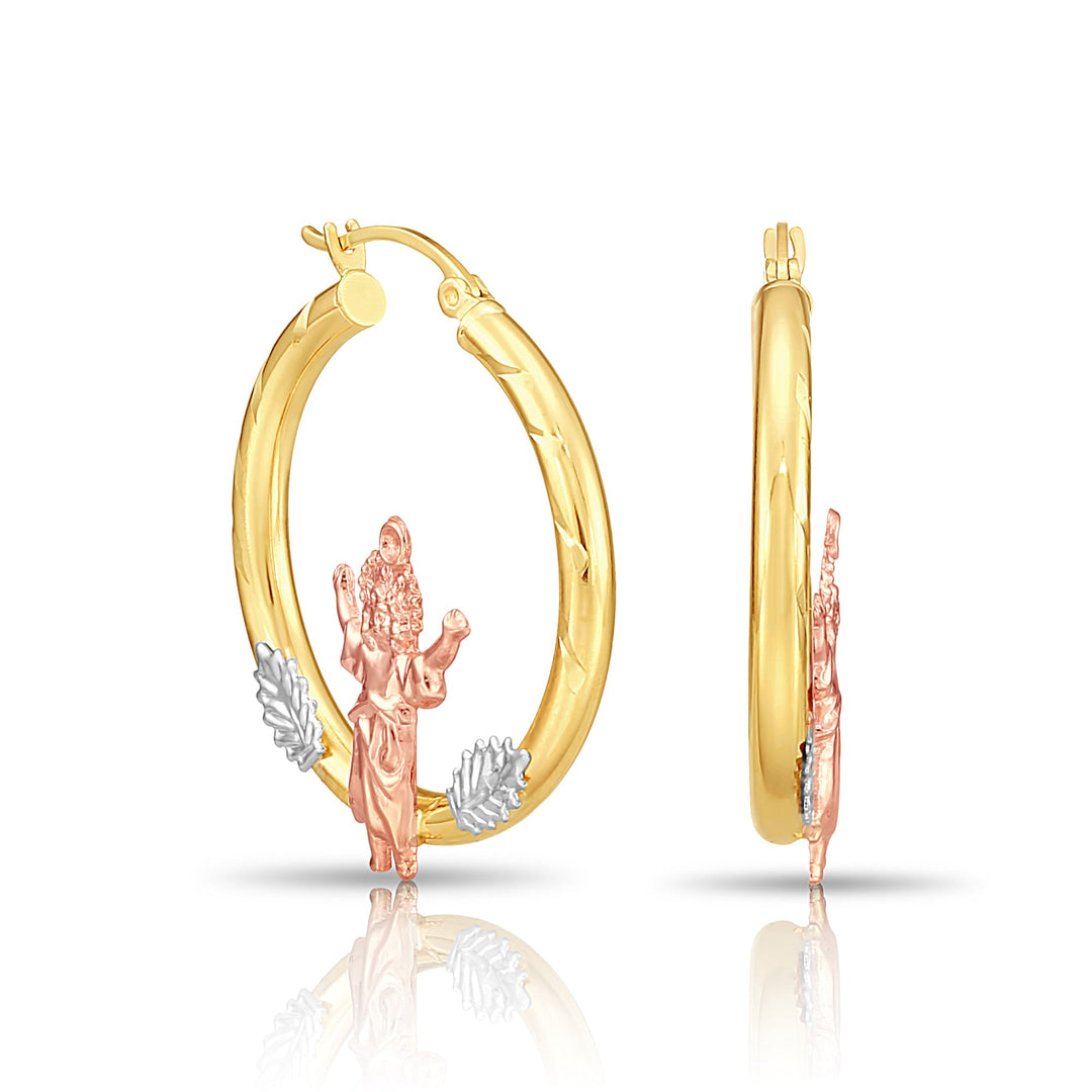 14K Gold Tri-Color Jesus Style Hoop Earrings, Flat Bar