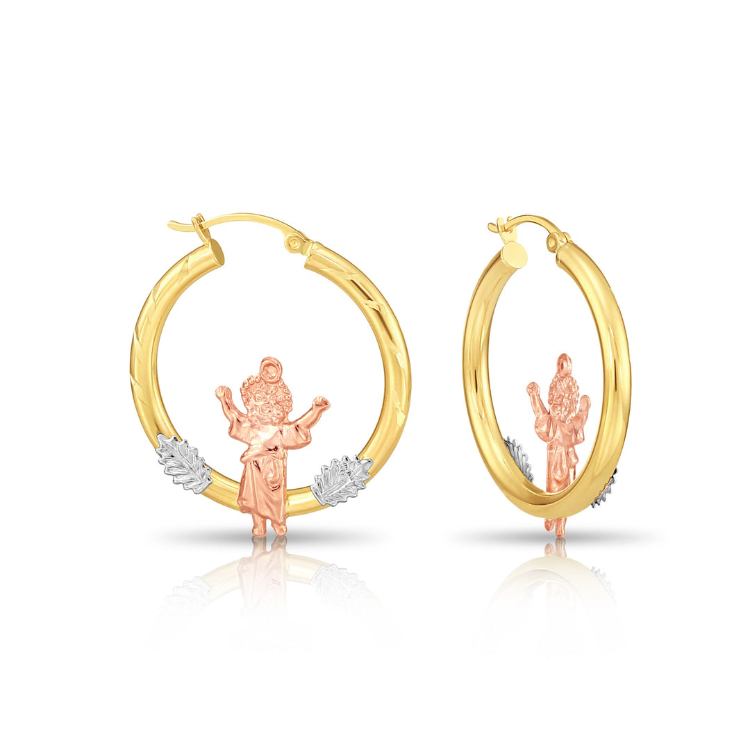14K Gold Tri-Color Jesus Style Hoop Earrings, Flat Bar