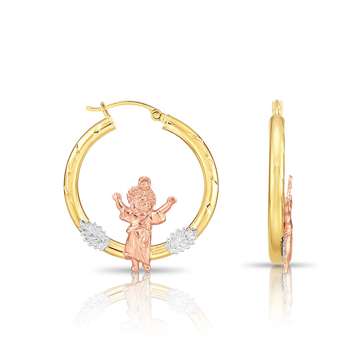 14K Gold Tri-Color Jesus Style Hoop Earrings, Flat Bar