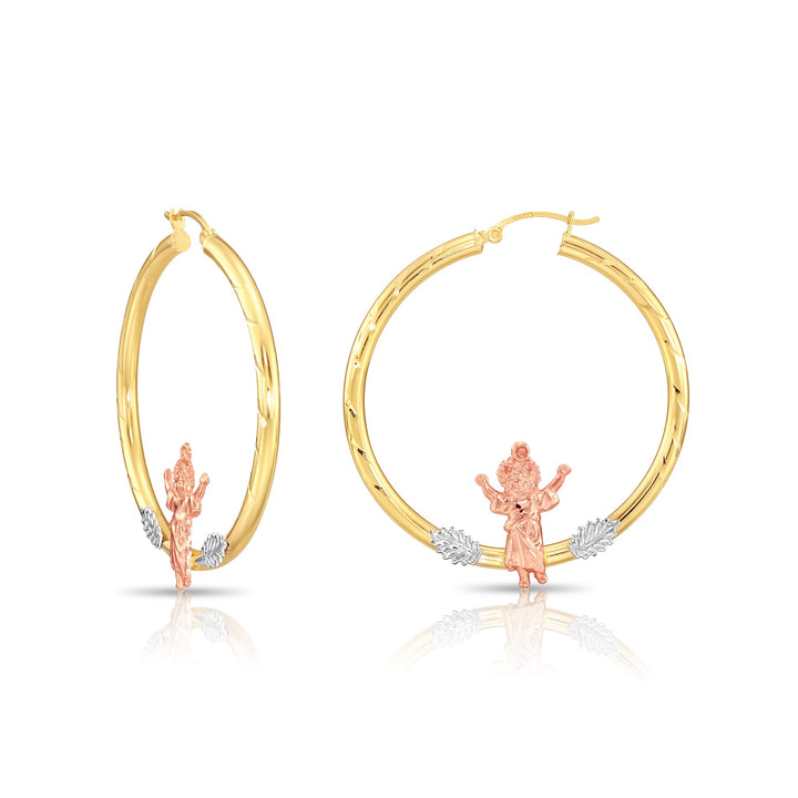 14K Gold Tri-Color Jesus Style Hoop Earrings, Flat Bar