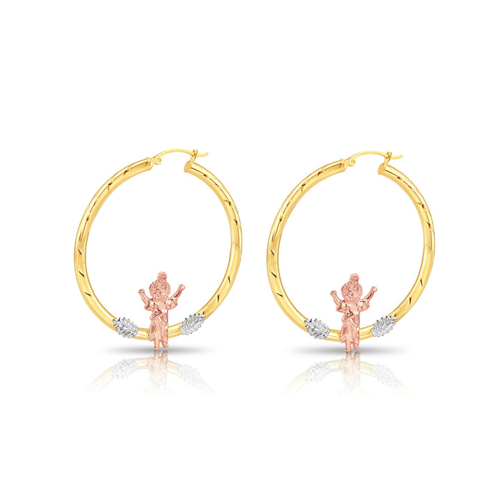 14K Gold Tri-Color Jesus Style Hoop Earrings, Flat Bar