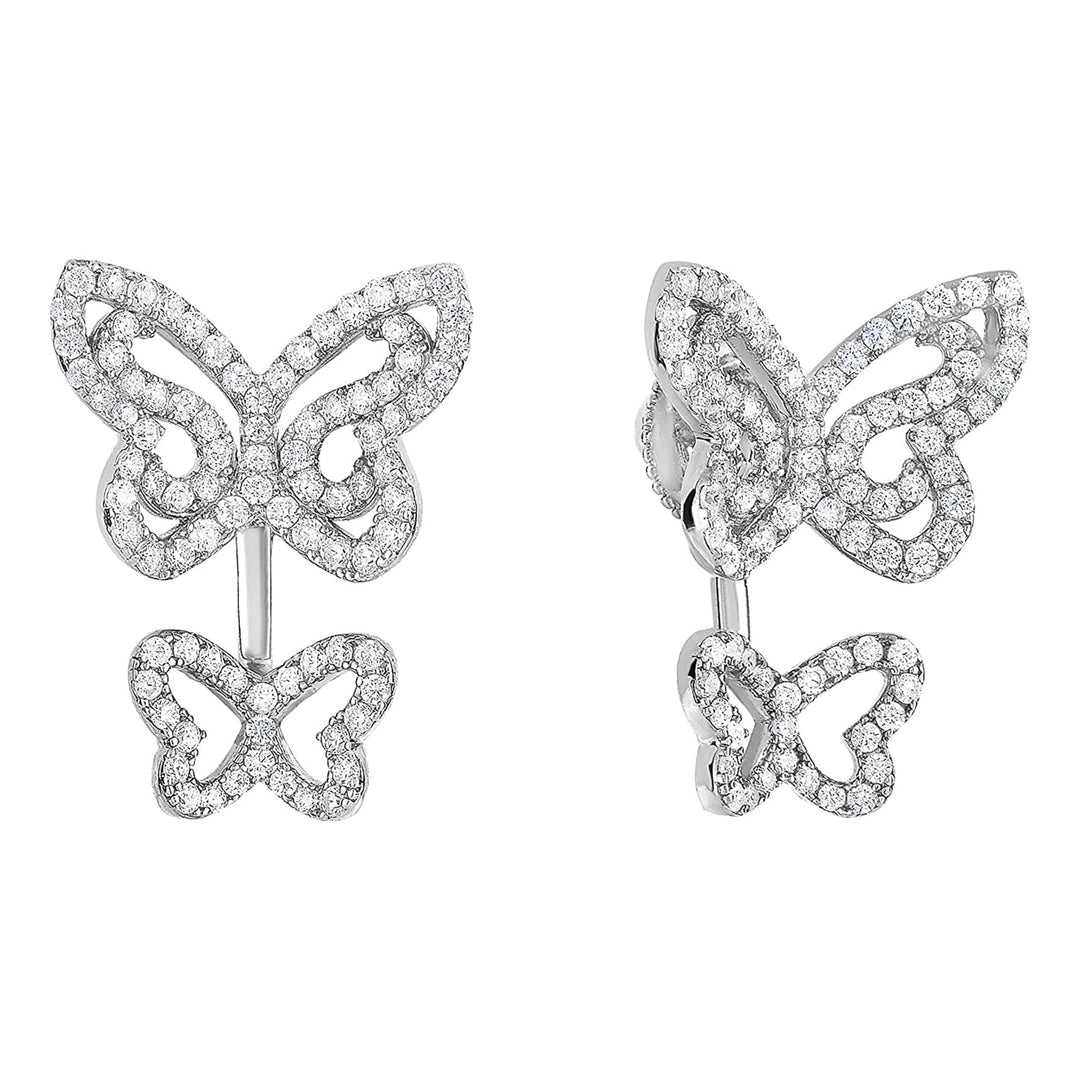 Sterling Silver Cubic Zirconia 2 in 1 Double Butterfly Drop Stud Earrings