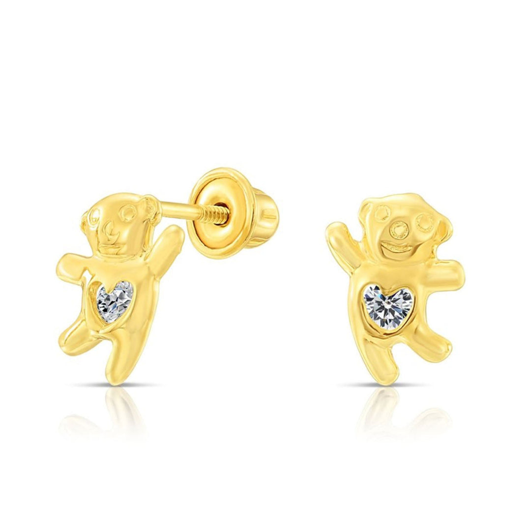 10k Yellow Gold Cubic Zirconia Bear Stud Earrings, Screwback