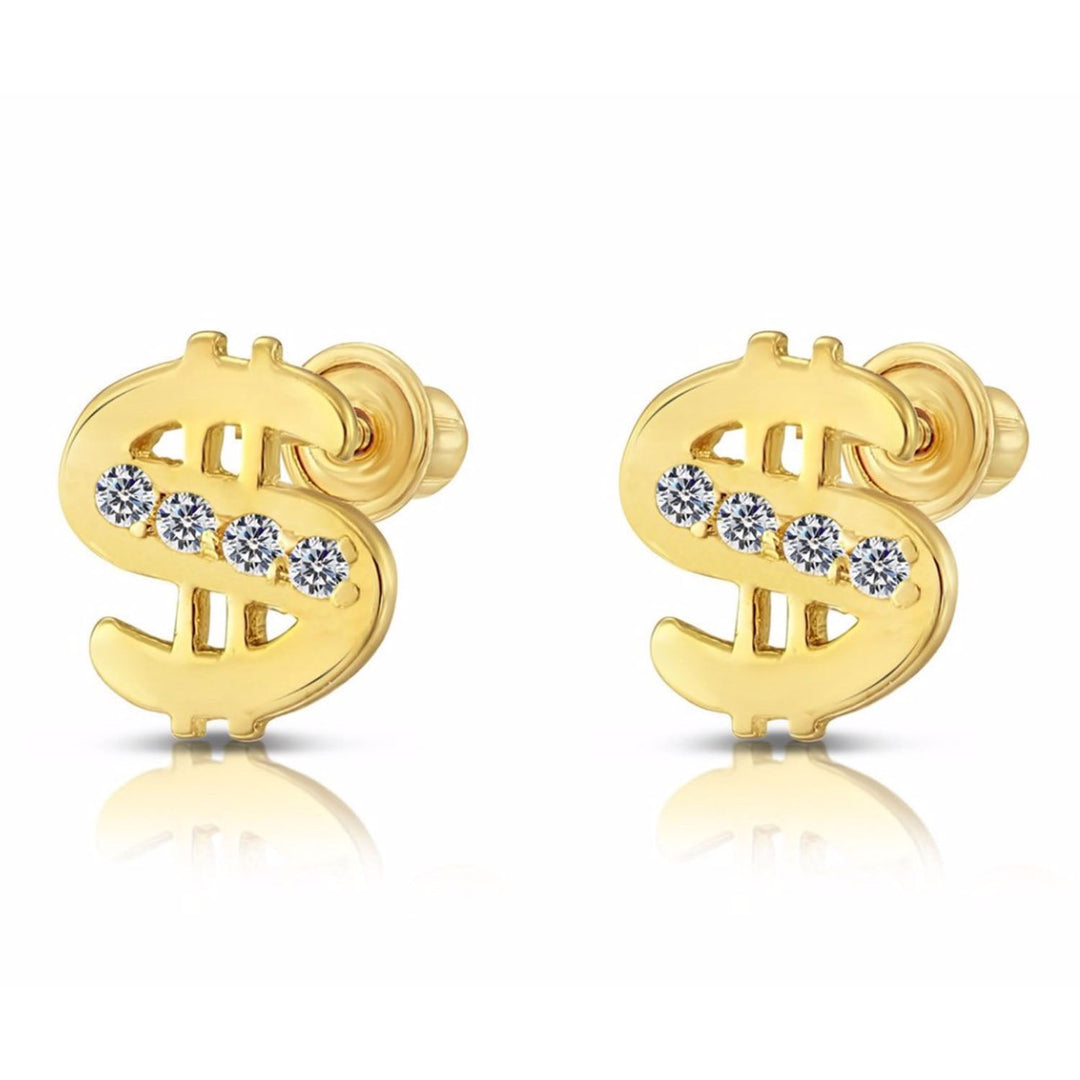 10k Yellow Gold Cubic Zirconia Money Sign Stud Earrings, Screwback