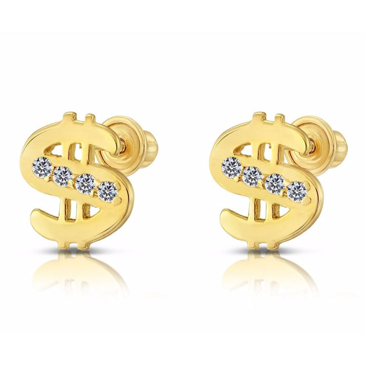 10k Yellow Gold Cubic Zirconia Money Sign Stud Earrings, Screwback