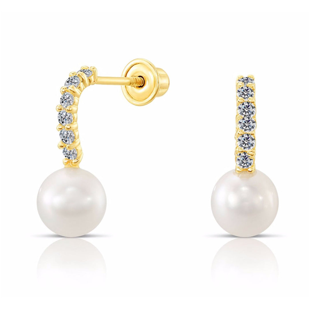 10k Yellow Gold Cubic Zirconia Freshwater Pearl Stud Drop Earrings