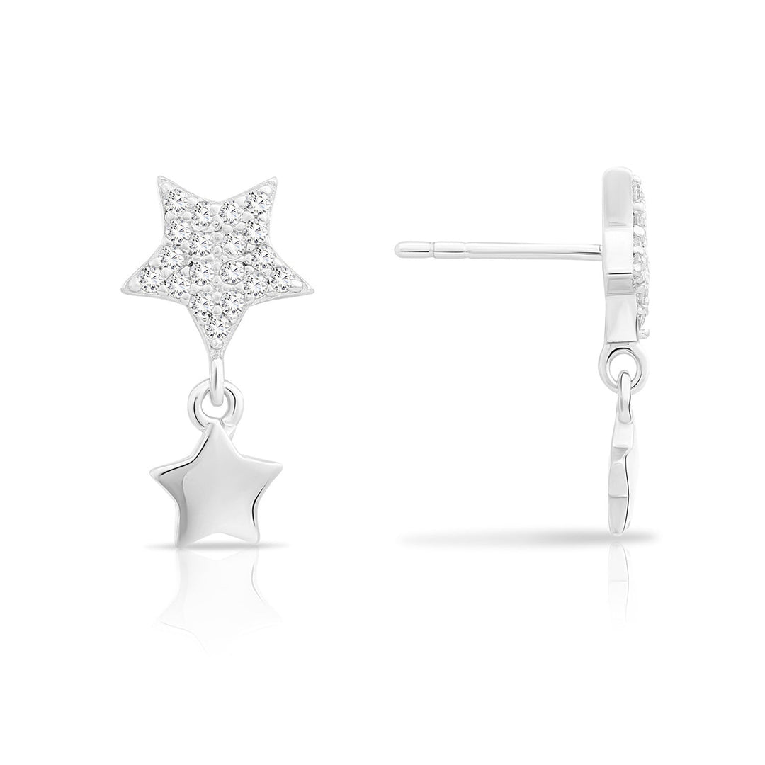 Sterling Silver Cubic Zirconia Double Star Dangle Stud Earrings
