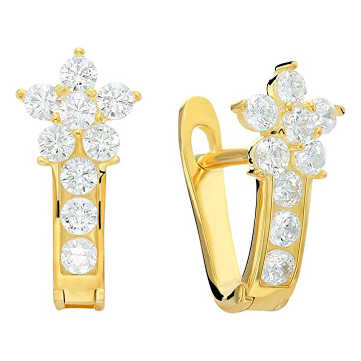 Sterling Silver Cubic Zirconia Flower Huggie Hoop Earrings