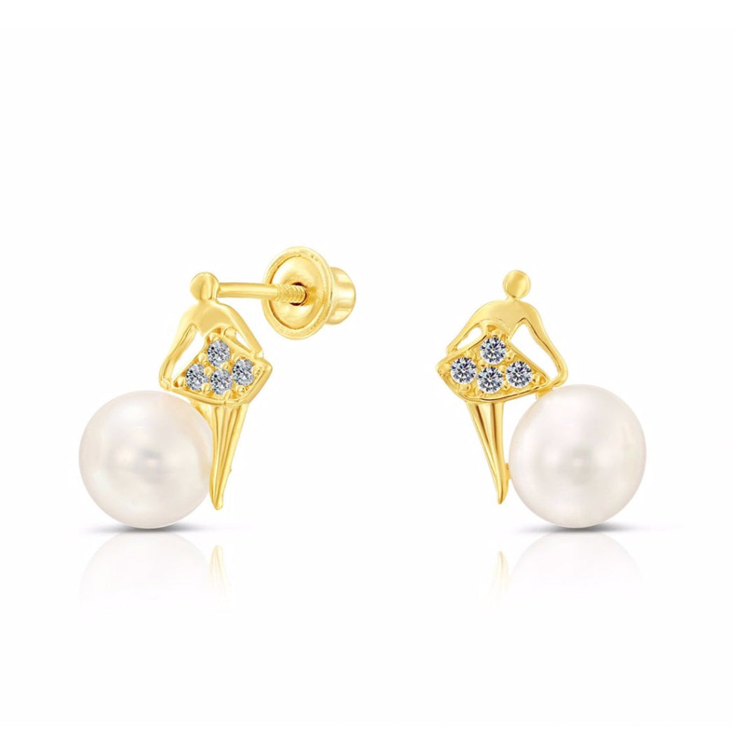 10k Yellow Gold Cubic Zirconia Ballerina Freshwater Pearl Stud Earrings