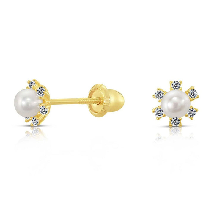 10k Yellow Gold Cubic Zirconia Flower Freshwater Pearl Stud Earrings