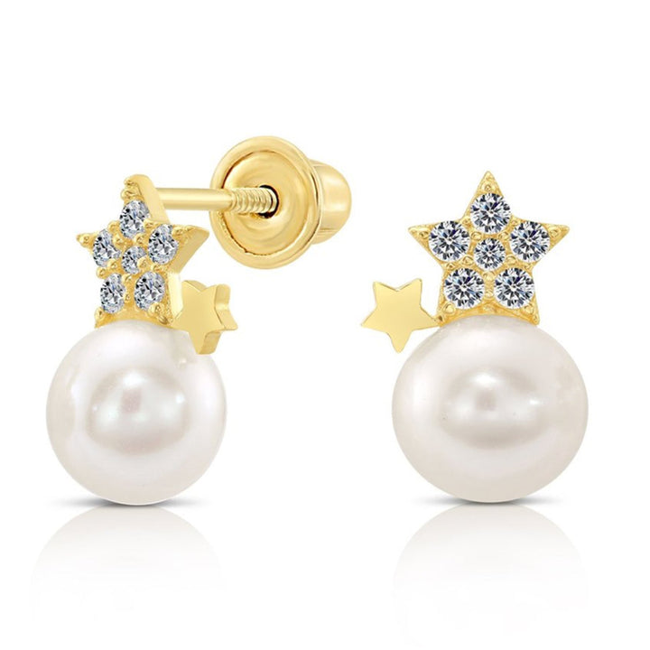 10k Yellow Gold Cubic Zirconia Star Studs with Freshwater Pearl Earrings