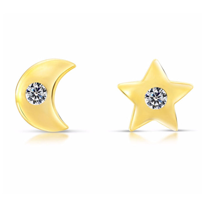 10k Yellow Gold Cubic Zirconia Star and Moon Stud Earrings, Screwback